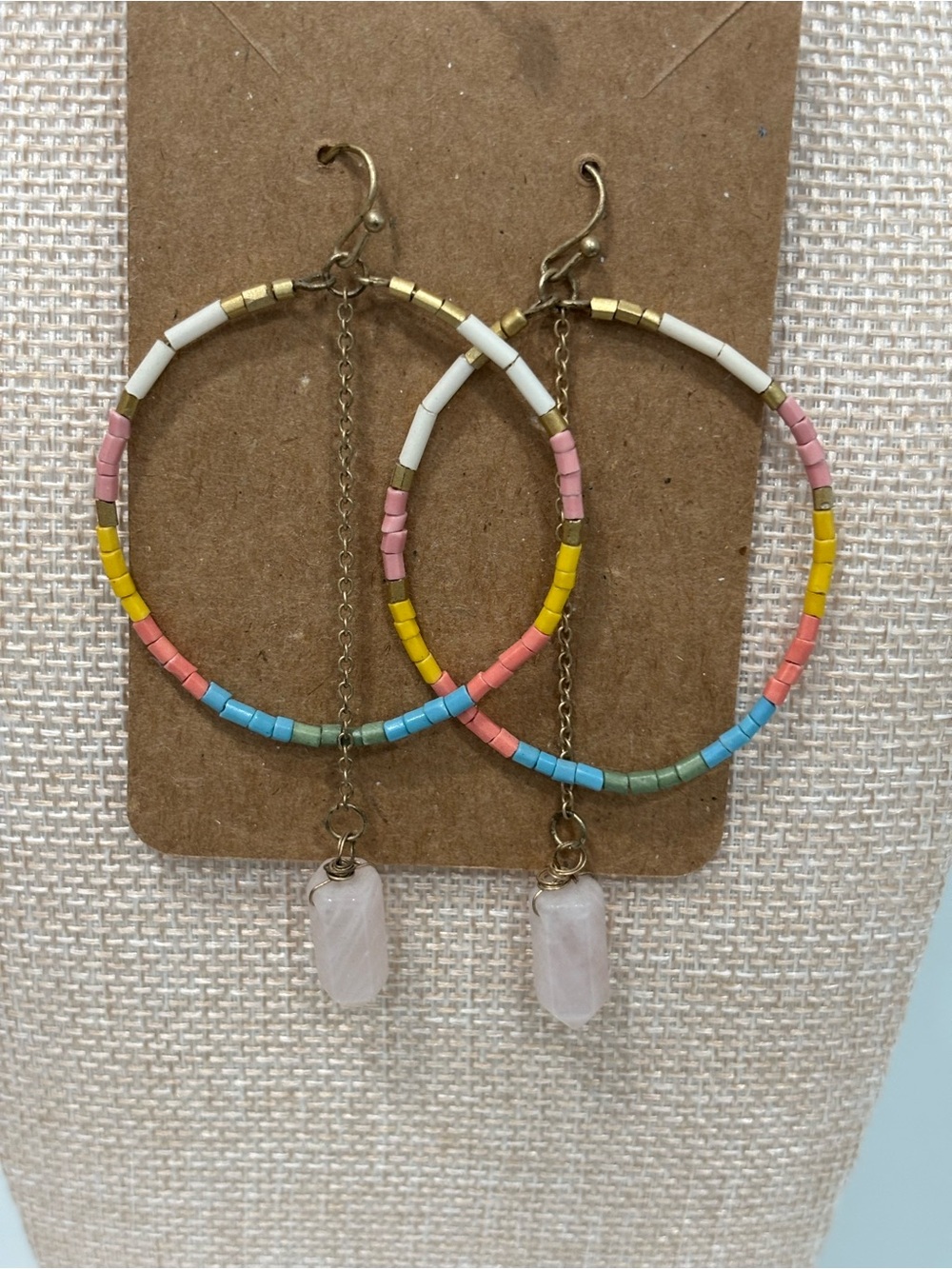 Boho Multicolor Beaded Hoop Earrings with Rose Quartz Drop